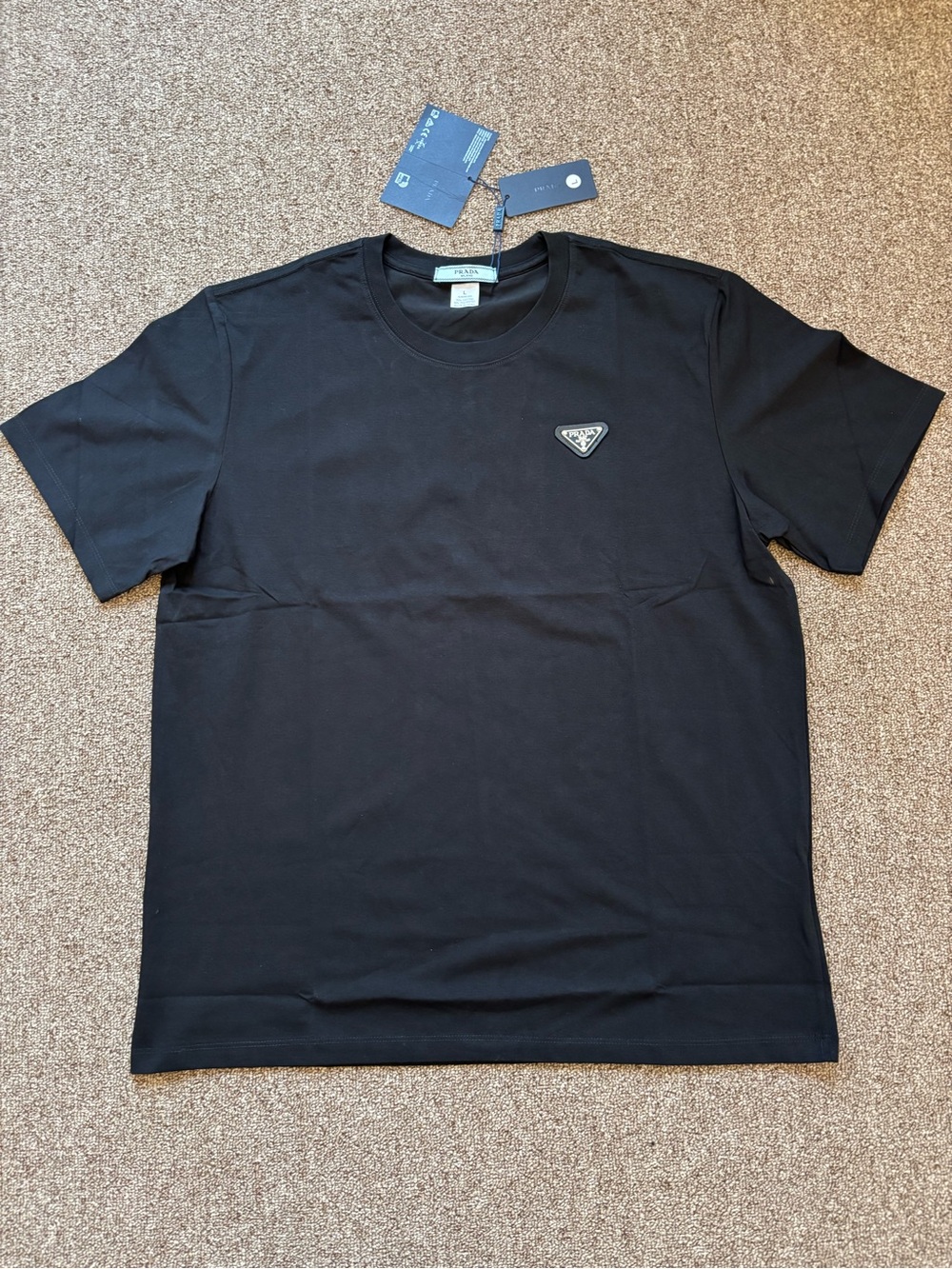 Prada Men’s Black Crewneck Short Sleeve T-Shirt with Small Chest Patch